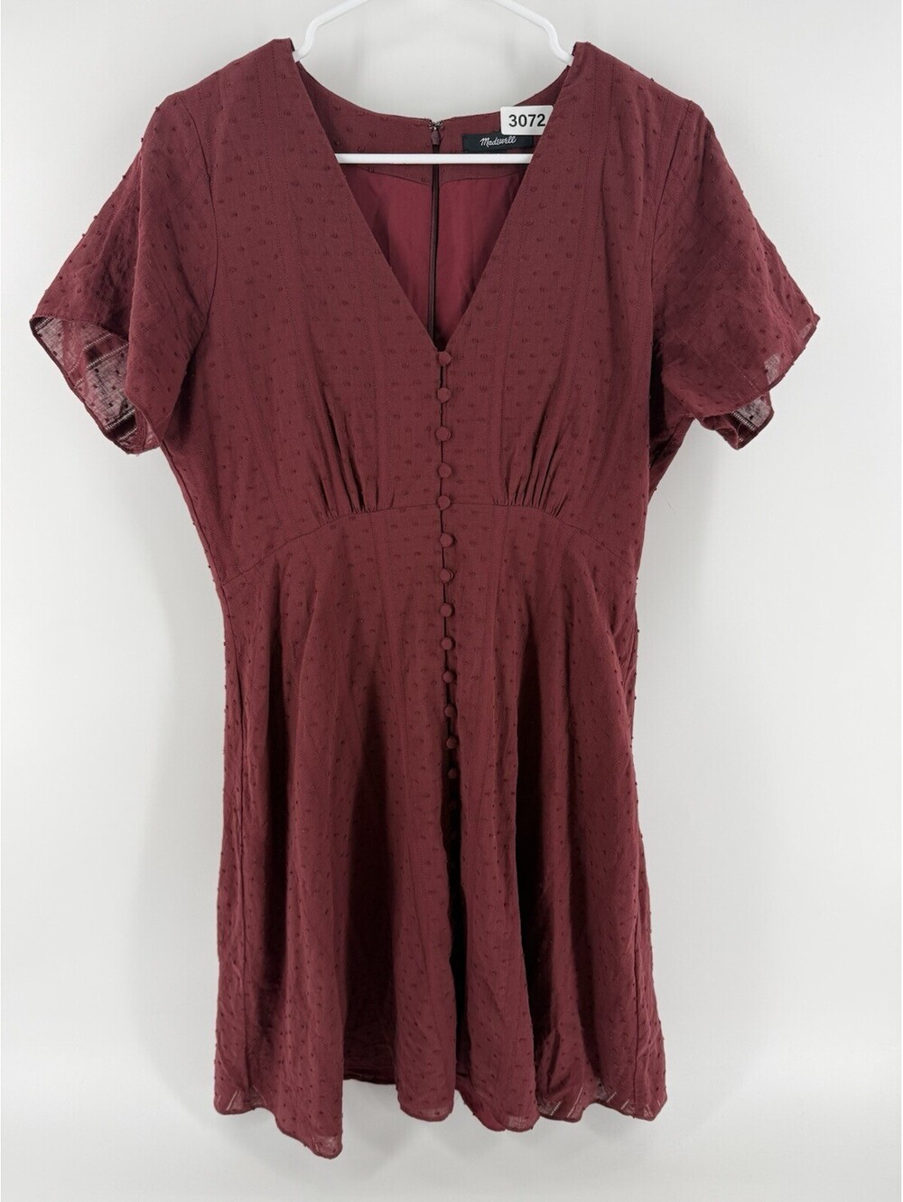 Madewell Burgundy Solid V-Neck Short Sleeve Button Accent Back Zip Dress 6